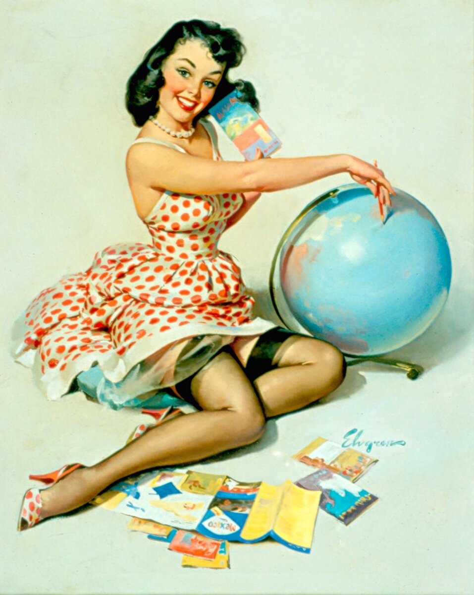 Автор - Gil Elvgren (обожаю пин-ап, и не случайно эта девушка держит в руках глобус, ведь на новом канале я все так же буду рассказывать об иностранцах!)