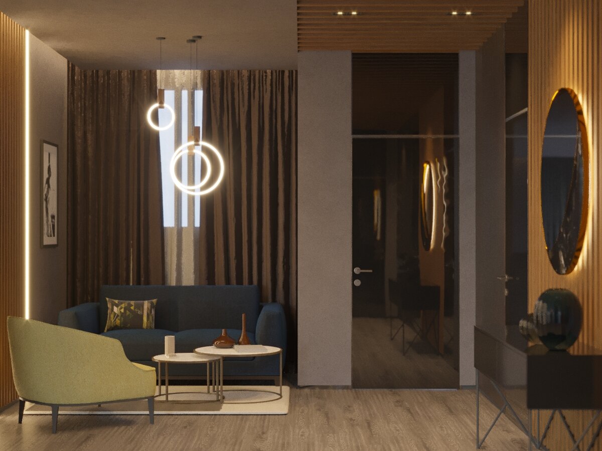 Над дверями сделана фальш-ниша, которая заполняется таким же стеклом, это создает ощущение, что проемы высокие до самого потолка