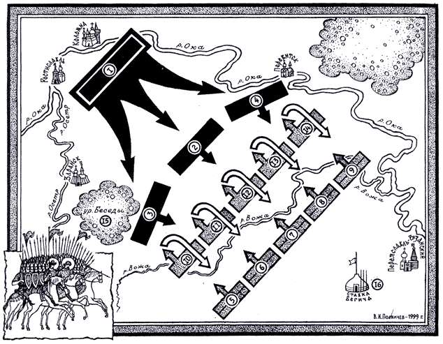 Битва на реке Воже 11 августа 1378 г. Русские войска: 1. Движение полков после форсирования Оки в районе Коломны; 2. Боевая позиция Большого полка великого князя Дмитрия Ивановича на левобережье Вожи; 3. Боевая позиция полка правой руки окольничего Тимофея Вельяминова; 4. Боевая позиция полка Левой руки князя Даниила Пронского. Войска монголо-татар: Боевые позиции туменов на правобережье Вожи до боя. 5. Позиция тумена Хазибея; 6. Позиция тумена Kовepги; 7. Позиция тумена Карабулука; 8. Позиция тумена Кострока; 9. Позиция тумена Бегички; 10, 11, 12, 13, 14. Положение туменов после переправы через Вожу: разгром и отступление; 15. Месторасположение военного совета князя Дмитрия Ивановича с воеводами перед началом срежения; 16. Ставка Бегича. Реконструкция В.И. Полянчева. http://ptiburdukov.ru