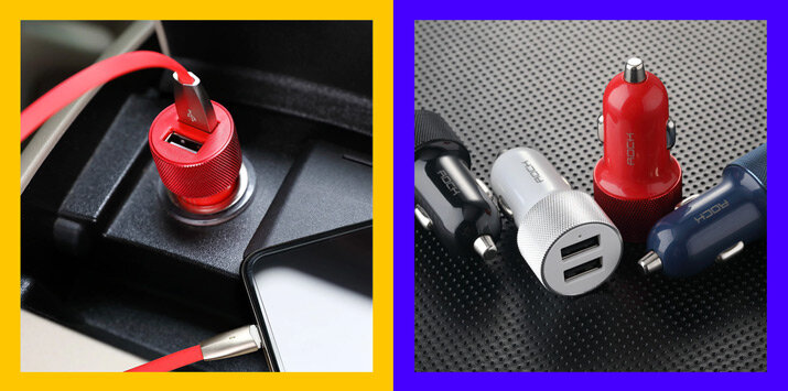 Качественный двухпортовый адаптер ROCK для зарядки в прикуриватель