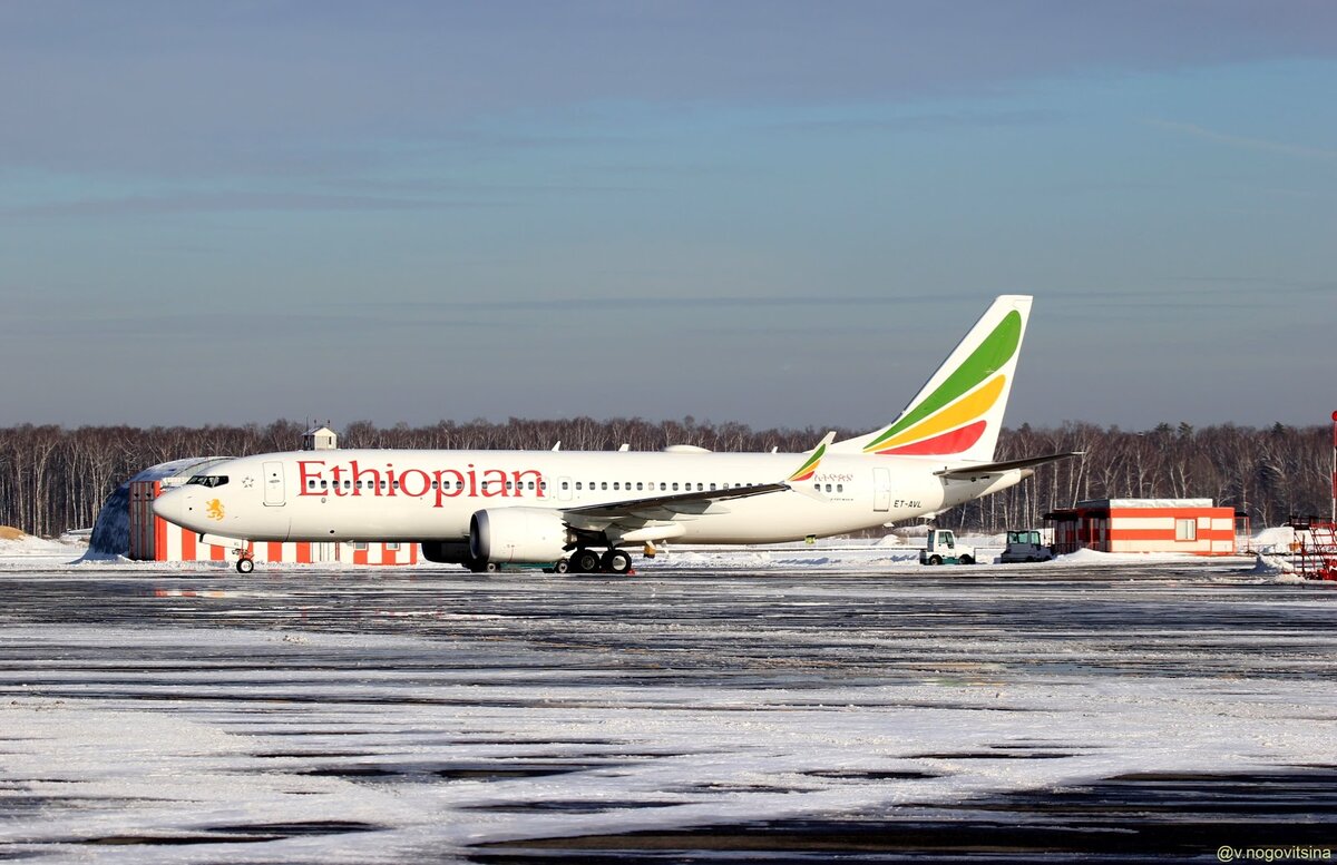 Самолет Boeing 737 MAX 8 авиакомпании Ethiopian в Москве. Фото: Виктория Ноговицына