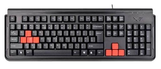Клавиатура от A4Tech представлена в классическом корпусе с выделенным цифровым блоком, обладает стандартным набором в 104 клавиши, 8 из которых выделены оранжевым цветом, как и полагается в игровой модели. При желании ее легко превратить в обычную клавиатуру, заменив клавишами из комплекта кнопки WASD и стрелочки. Корпус сделан из прочного пластика, но иногда поскрипывает при нажатиях. Вдобавок к этому мембранная X7-G300 Black обладает водозащитой, вследствие чего можно не бояться пролить на нее кофе или кока-колу.