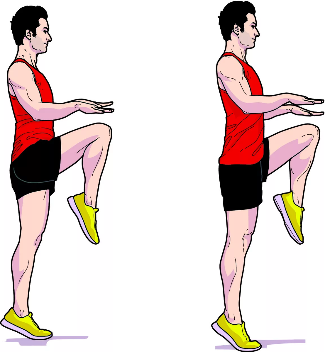 Удары подъемом стопы. Бег на месте с высоким подниманием бедра. Ходьба с высоким подниманием бедра для детей. Ходьба на месте с высоким подниманием бедра.