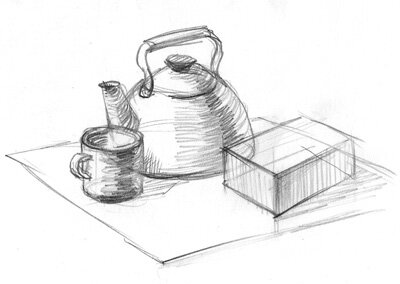 Натюрморт с чайником, чашкой и коробкой. Само задание в предыдущей статье.