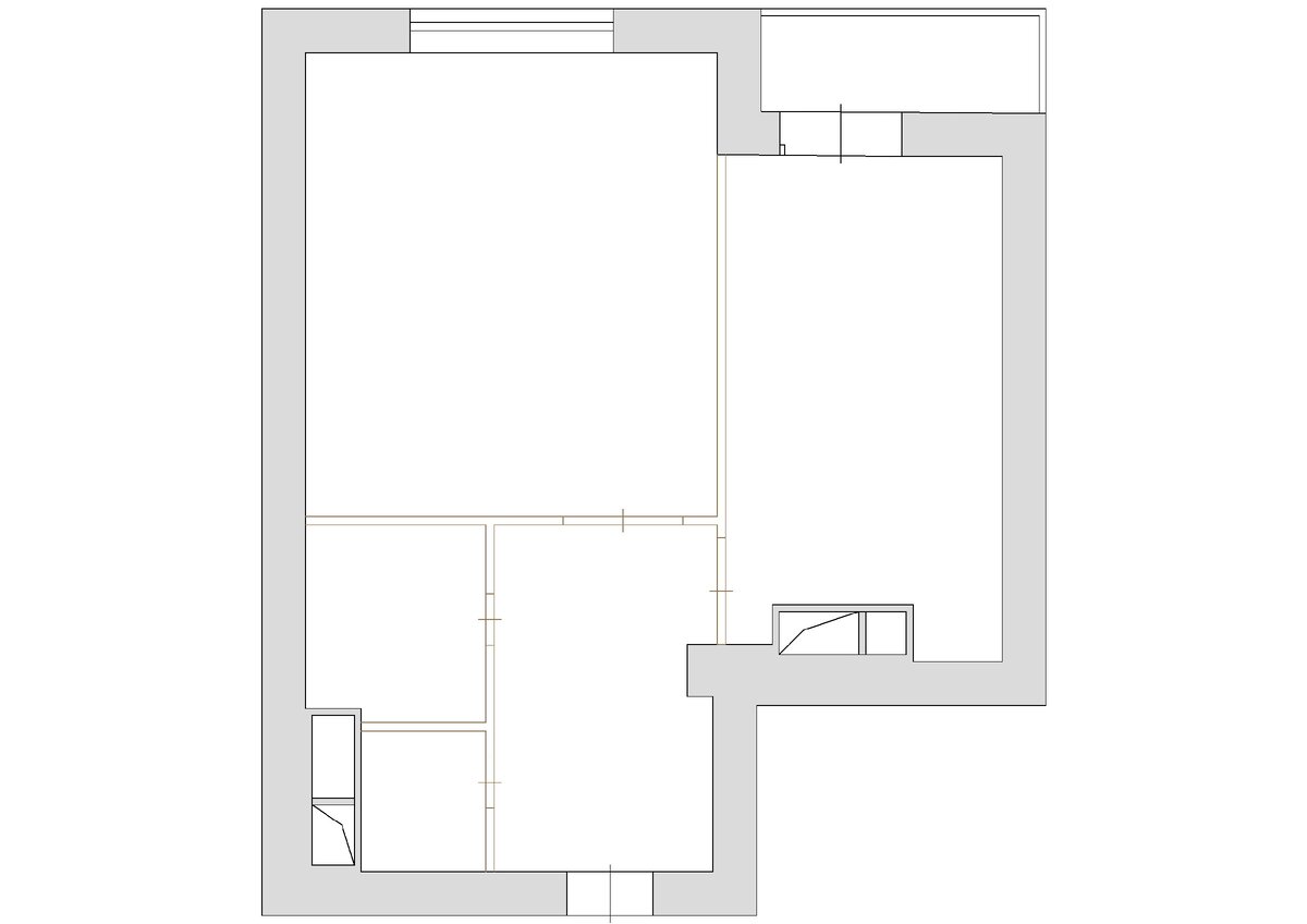 План до перепланировки. Квартира 65 кв. м. свободной планировки. Кухня справа с лоджией. Санузлы два внизу слева.