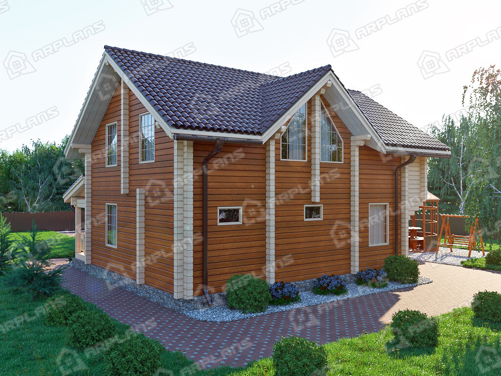 Фото 2 двухэтажного дома из бруса с мансардой, 4 спальнями, балконом, кабинетом, газовой котельной и террасой. Общая площадь 180 кв м. Источник arplans.ru Проект ДС-020