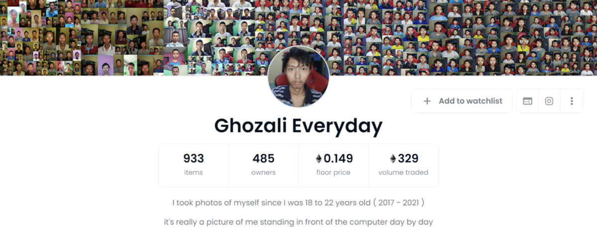 Профиль Газали в OpenSea. Источник: https://opensea.io/collection/ghozali-everyday