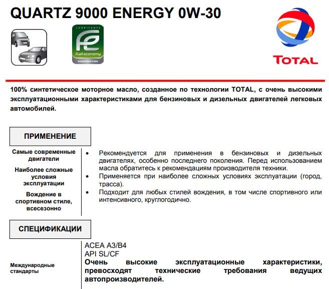 Техническое описание масла Total