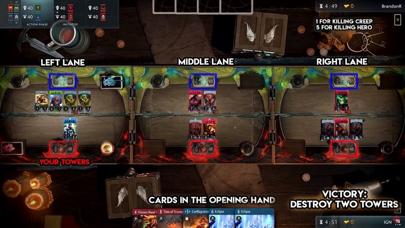 Игра в Artifact проходит на 3 линиях, так что по сути вы играете в три мини-игры, объединённые друг с другом. Это уникально для карточных игр, и, должен сказать, что мне это нравится. Каждая линия использует свою ману для розыгрыша заклинаний, но карты в руке — общие для всех трёх линий, так что вам придётся решать, как распределять свои ресурсы. 
