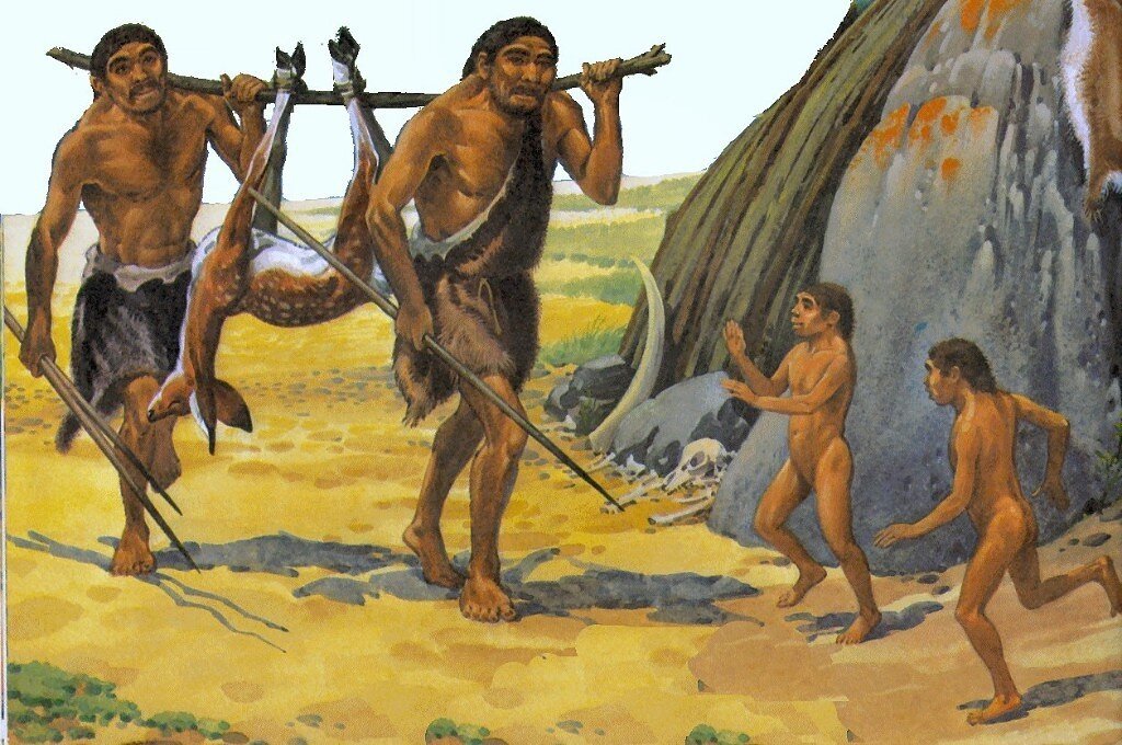 Назад в древность. Первобытный человек хомо сапиенс. Первые люди хомо сапиенс. Homo habilis охота. Первобытные люди homo Erectus.