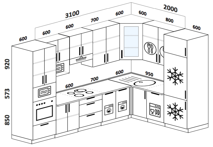 Чертеж кухни со встроенной техникой