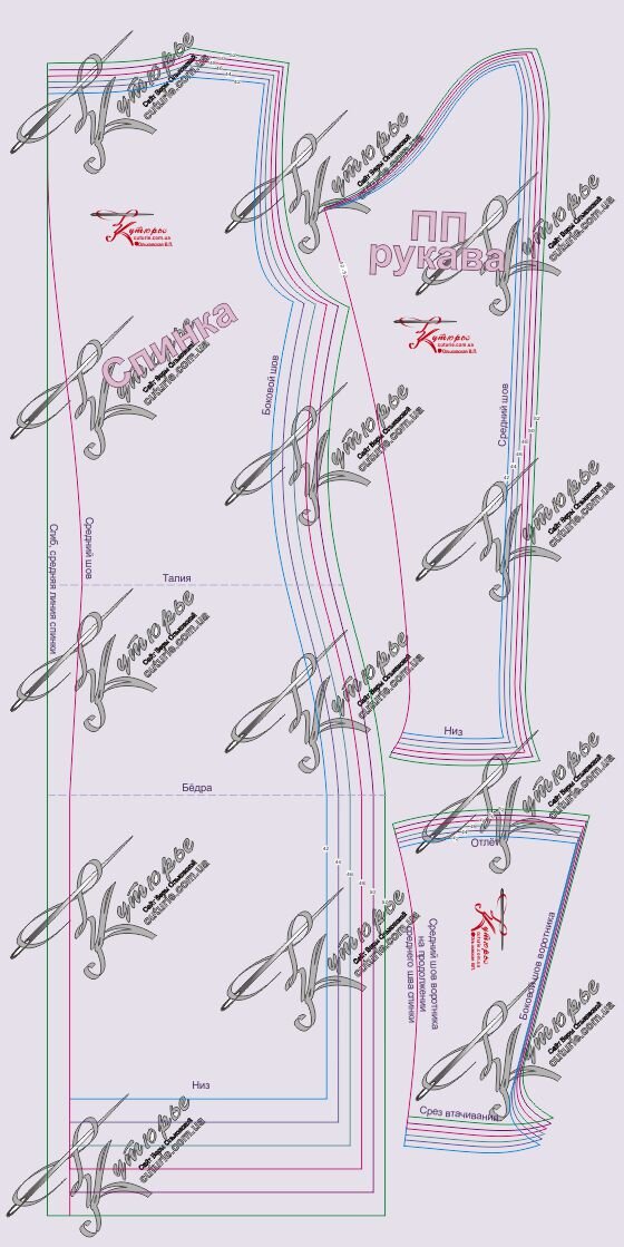 Уменьшенные рисунки лекал для спинки и рукава платья по выкройке