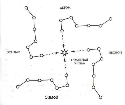 Сезонные фазы ковша Большой Медведицы отн. Полярной звезды. Наблюдается эта картина лучше всего в высоких приполярных широтах.