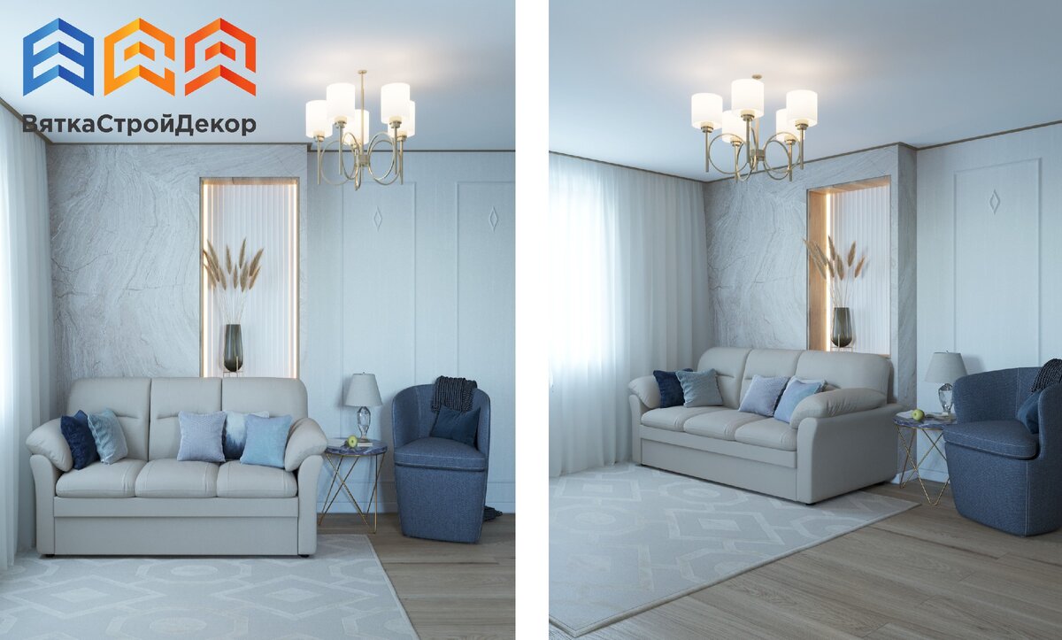 На фото проект объекта по адресу: г.Киров, Октябрьский пр-кт, 105 (гостиная и спальня). 