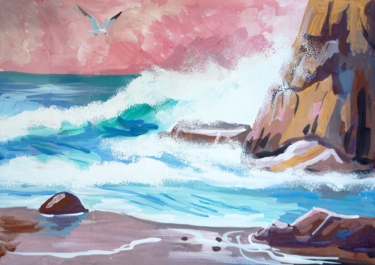 Брызги от волн  сделаны с помощью обычной губки для мытья посуды