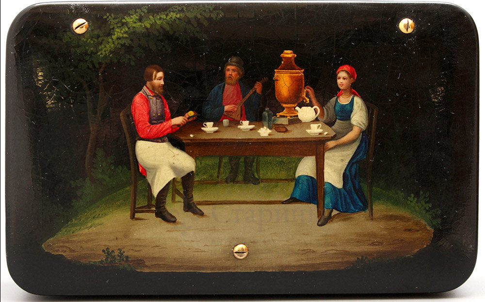 Лаковая шкатулка, чайница «Чаепитие», папье-маше, фабрика Лукутина, с. Данилково, кон. 19 в.