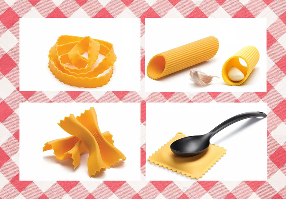 Забавные аксессуары для кухни от Monkey Business «Pasta Grande» в виде макаронных изделий. В набор входят резинки для пакетов, прихватки-бабочки, подставка под ложку, "коврик" для очистки чеснока.
