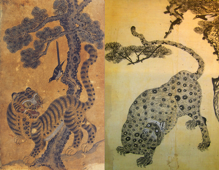 В народной росписи сороки и тигра тигр изображен как дружелюбный и забавный. Сорока, кажется, насмехается над тигром.