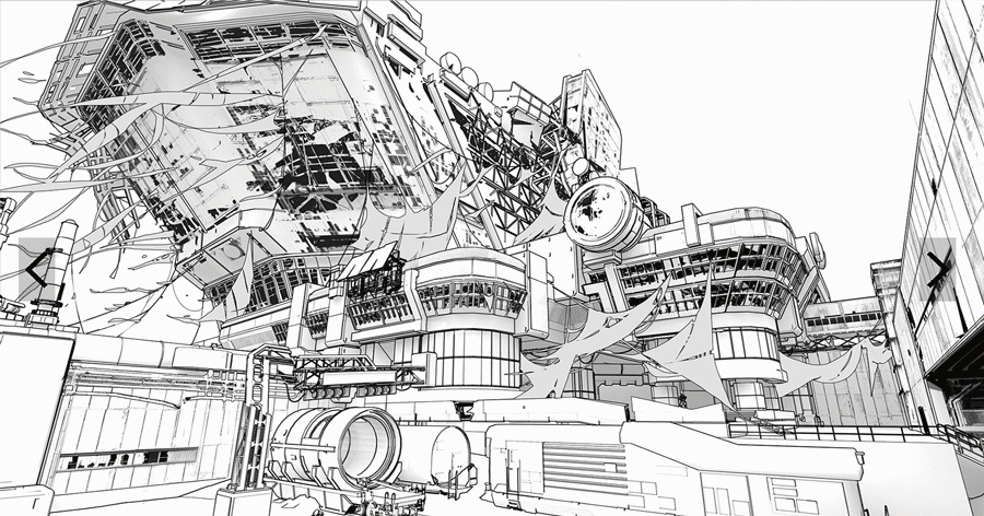 Разработка конструкции здания. Художники работали над деталями в линейном эскизе, а потом к выбранным формам добавили цвет. Dorje Bellbrook