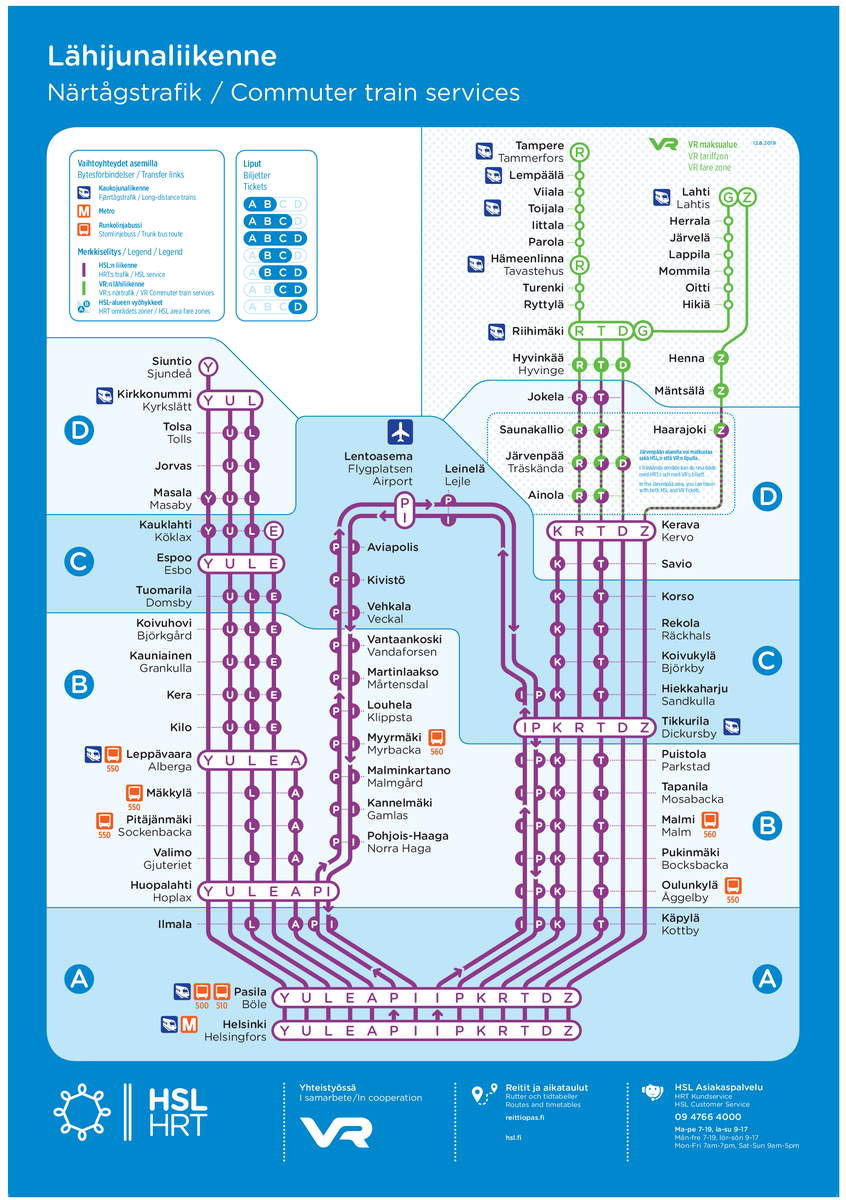 Схема электричек. Справа вверху зеленым отмечены маршруты, уже не относящиеся к HSL (региональные поезда). Источник: HSL 