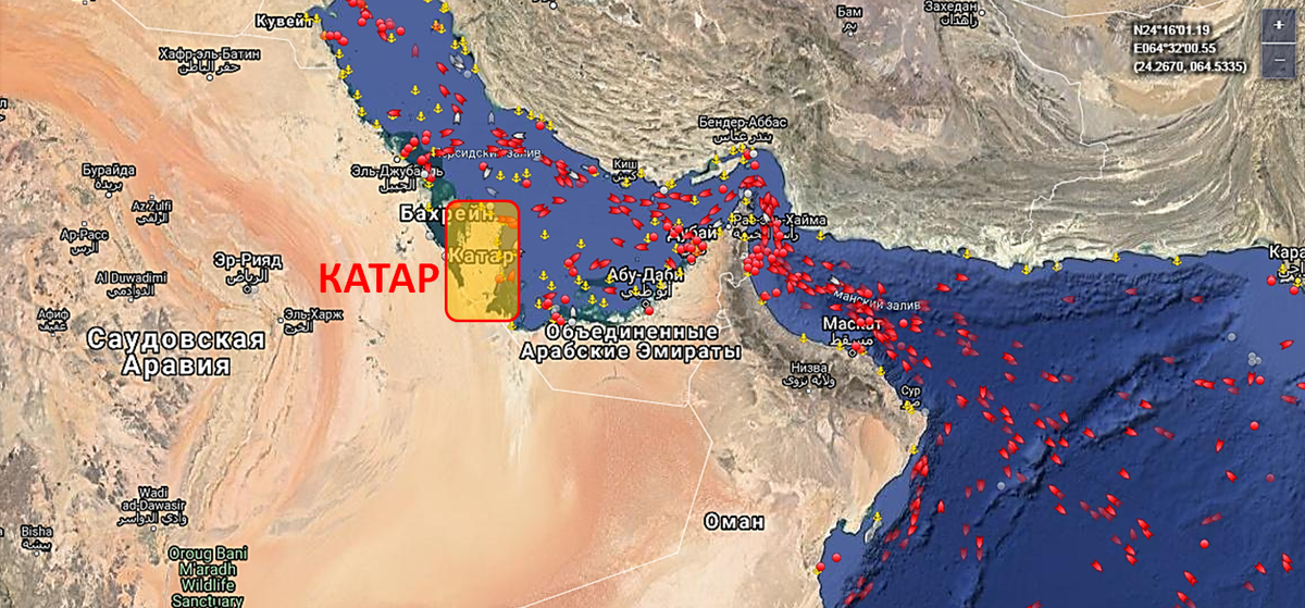 Красным-плотность нефтяных танкеров у побережья Катара на 18.04.2020г через портал Marinetraffic