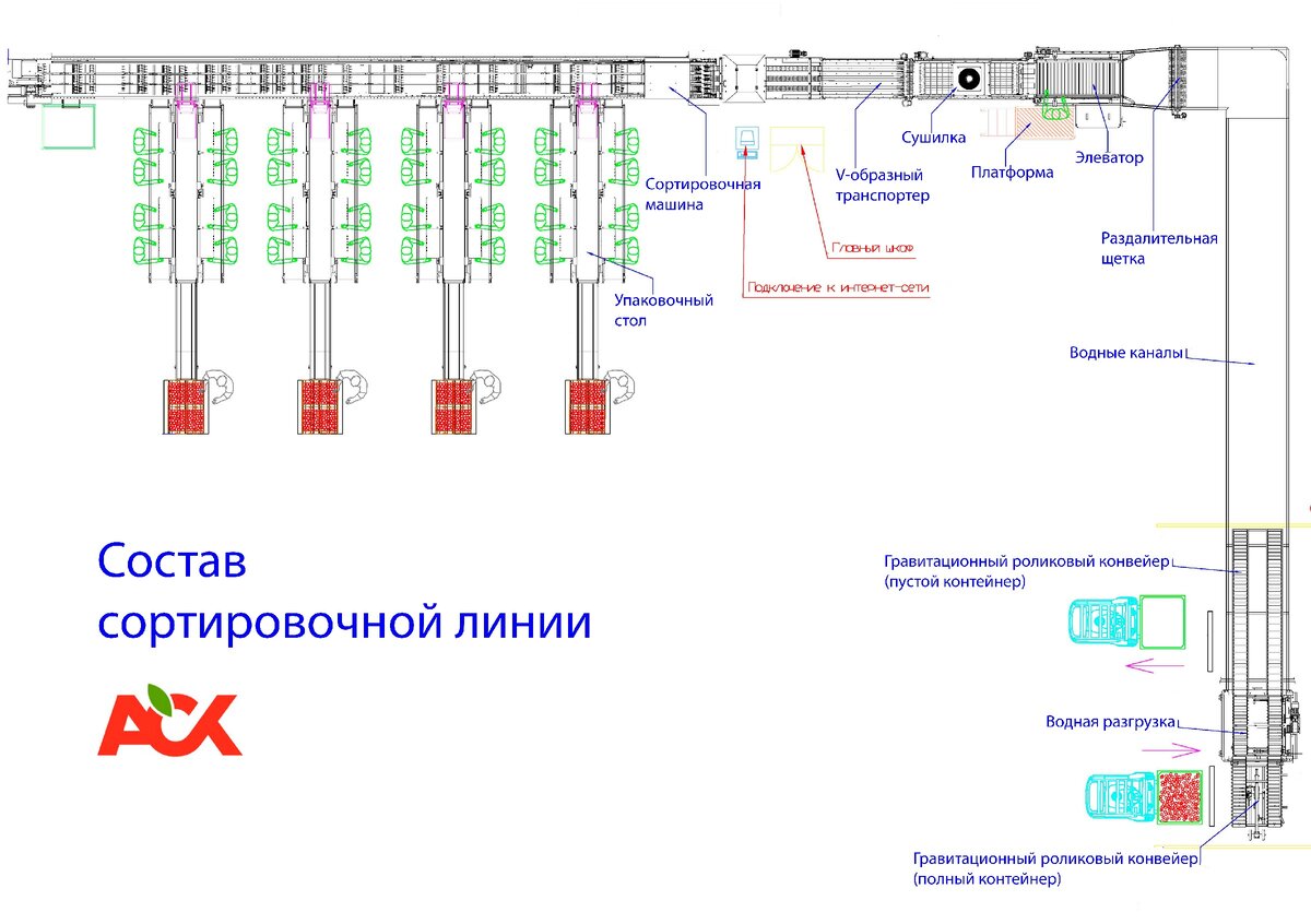 СОСТАВ ЛИНИИ ДЛЯ ОПТИЧЕСКОЙ СОРТИРОВКИ И КАЛИБРОВКИ ЯБЛОК | ООО 