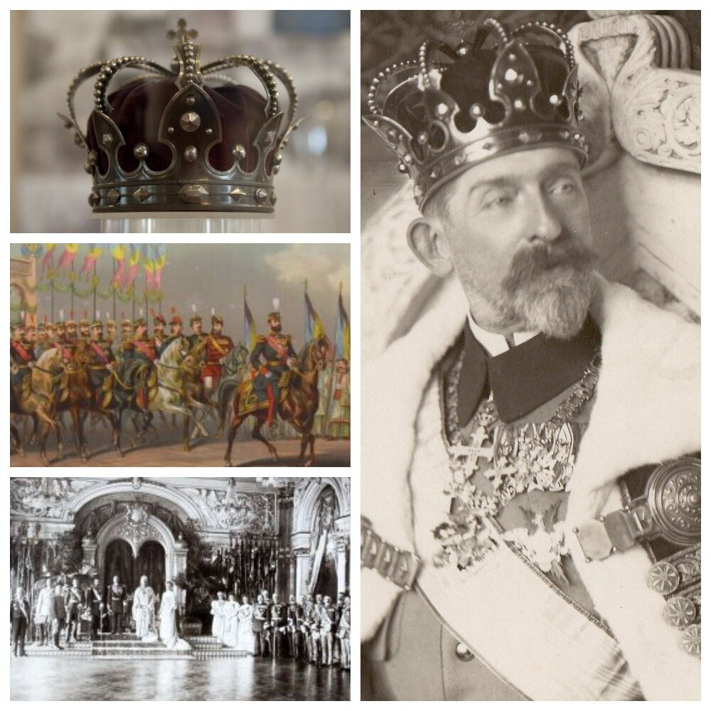 Слева - Стальная корона, коронация Карола I. Справа - король Фердинанд I в Стальной короне (наследник Карола I).