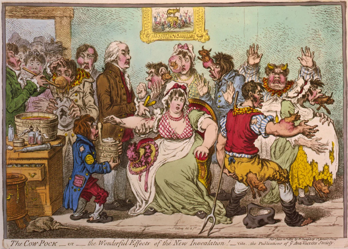 Картинка из антивакцинаторской статьи 1796 года, в которой утверждалось, что у привитых вакциной против оспы отрастают рога, вымя и копыта как у коров. Чем-то напоминает и современные мифы о вакцинах