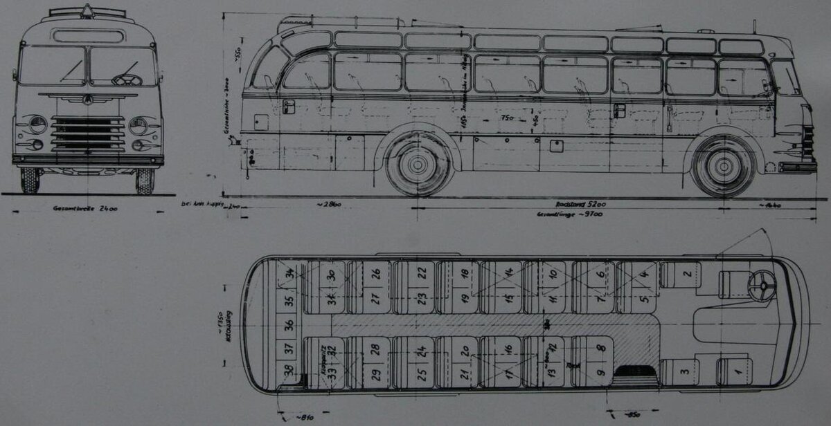 Чертёж автобуса ÖAF 6DT-130 «Trambus» из справочника НИИАТ 1961 года издания.