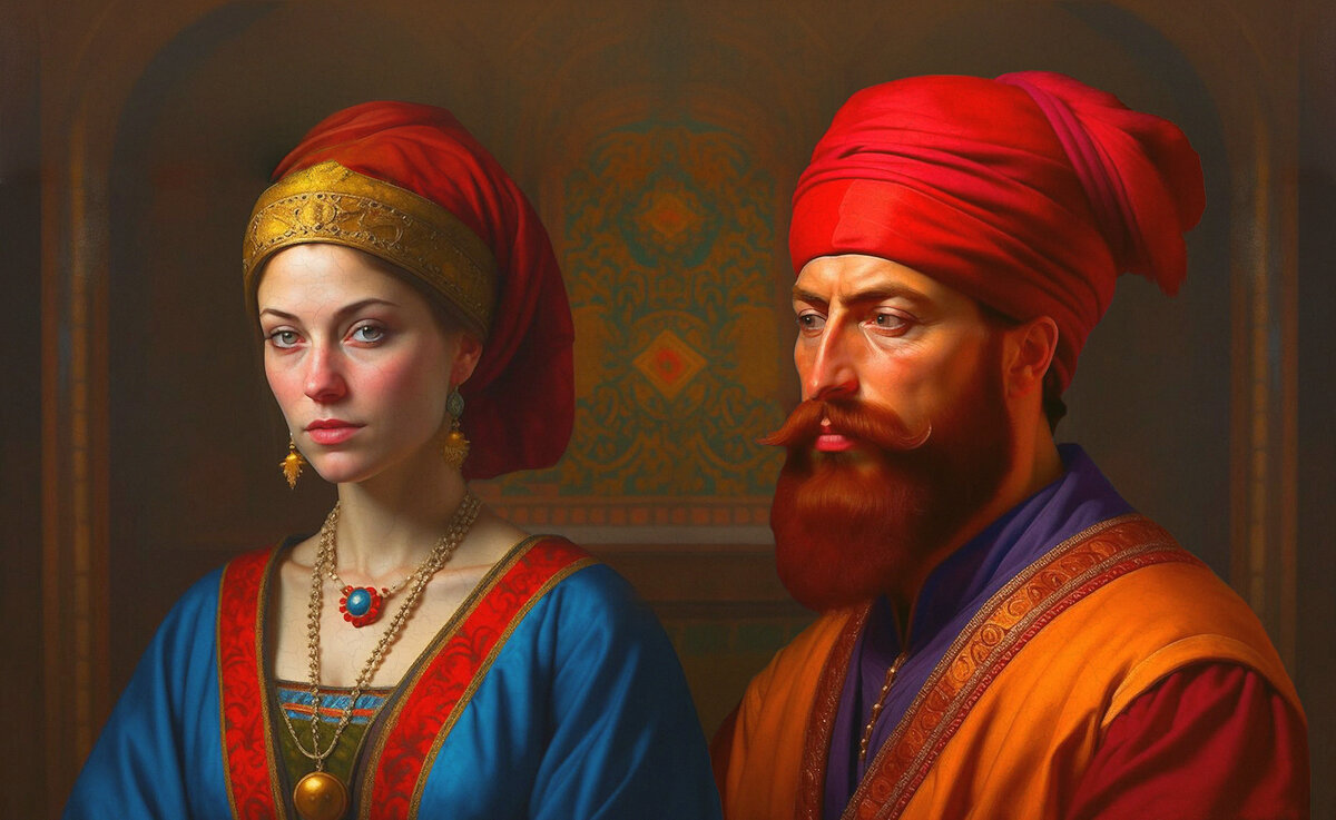Мария Гаттилузио и султан Мехмед (Авторский коллаж на основе рисунков нейросети)