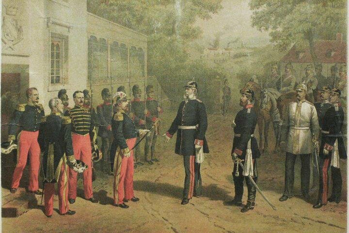 Наполеон (в красных штанах) отдает шпагу кайзеру Вильгельму. Литография. 