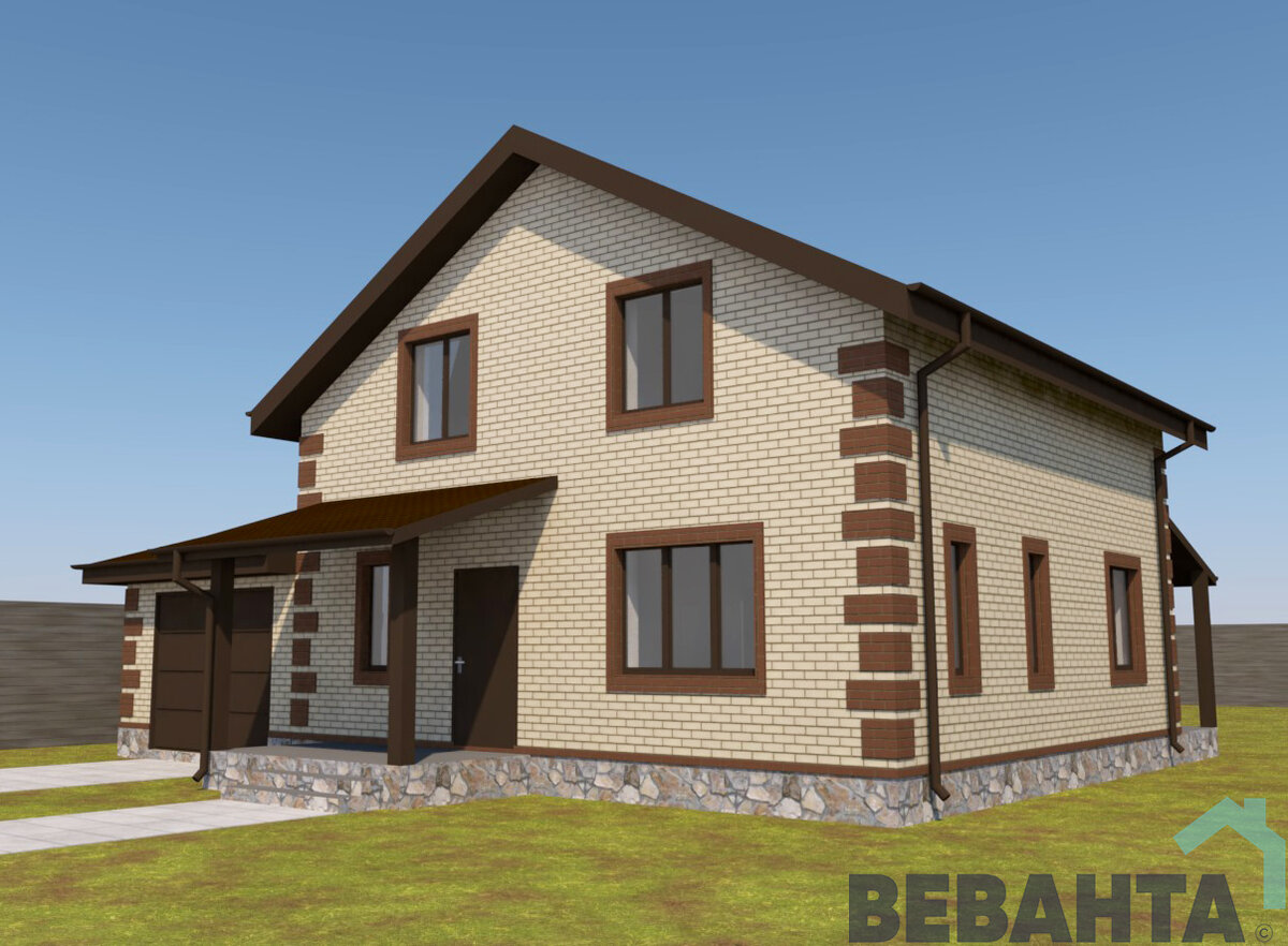 Наружная отделка - керамический кирпич, кровля - мягкая черепица. Предусмотрена водосточная система.