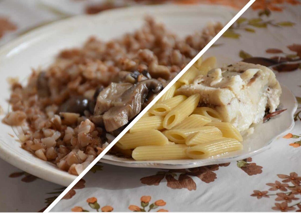 Гречка с вешенками и макароны с рыбой
