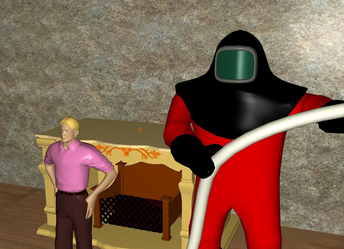 it is evening. little man is next to tall wizard. the ground is wood. a fireplace is 1 feet behind little man. a wide stone wall behind the fireplace. the ring is on the fireplace.

wordseye.com