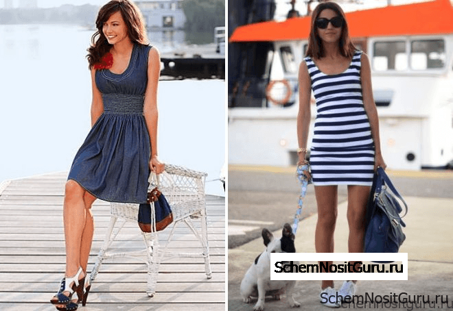  Интересно выглядит сочетание джинсовой сумочки и легкого летнего платья. Лучше предпочесть спокойные, не яркие цвета, возможно сочетание с морской тематикой