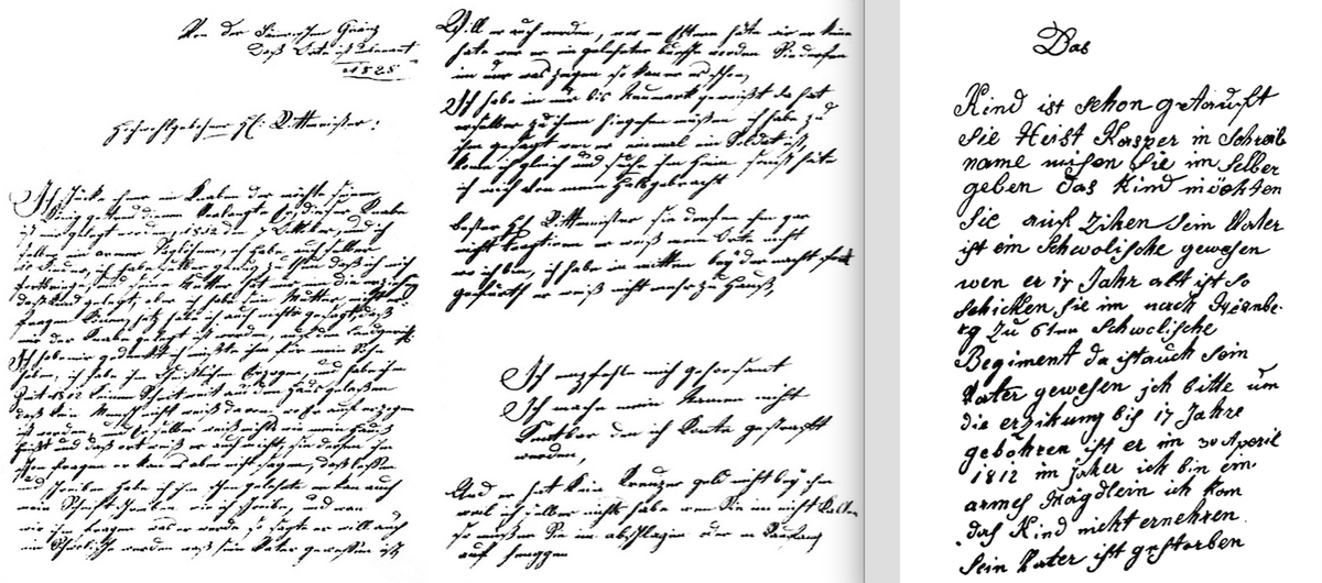 Письма, найденные при Каспаре Хаузере, якобы от разных людей, написаны одним и тем же слегка изменённым почерком