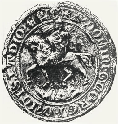 Воин с щитом, на котором изображен лев, на печати короля Руси Юрия I (1257−1308), внука князя Даниила Романовича.  Рисунок по "Иллюстрированной истории Украины" М. Грушевского.