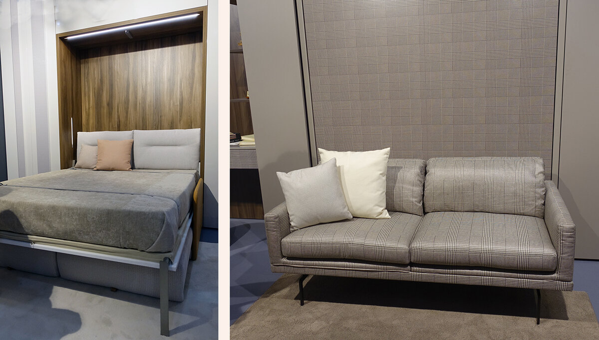 Откидная кровать прячется в стене и постельные принадлежности не нужно складывать перед трансформацией