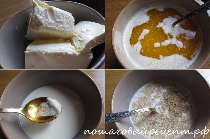 Сливочное масло растопить на водяной бане или в микроволновке, но не допускать закипания. В теплое молоко добавить сахар, перемешать, после всыпать дрожжи. Дать им полностью раствориться, молоко станет кремового цвета. оставить смесь в теплом месте, пока она хорошо не поднимется.