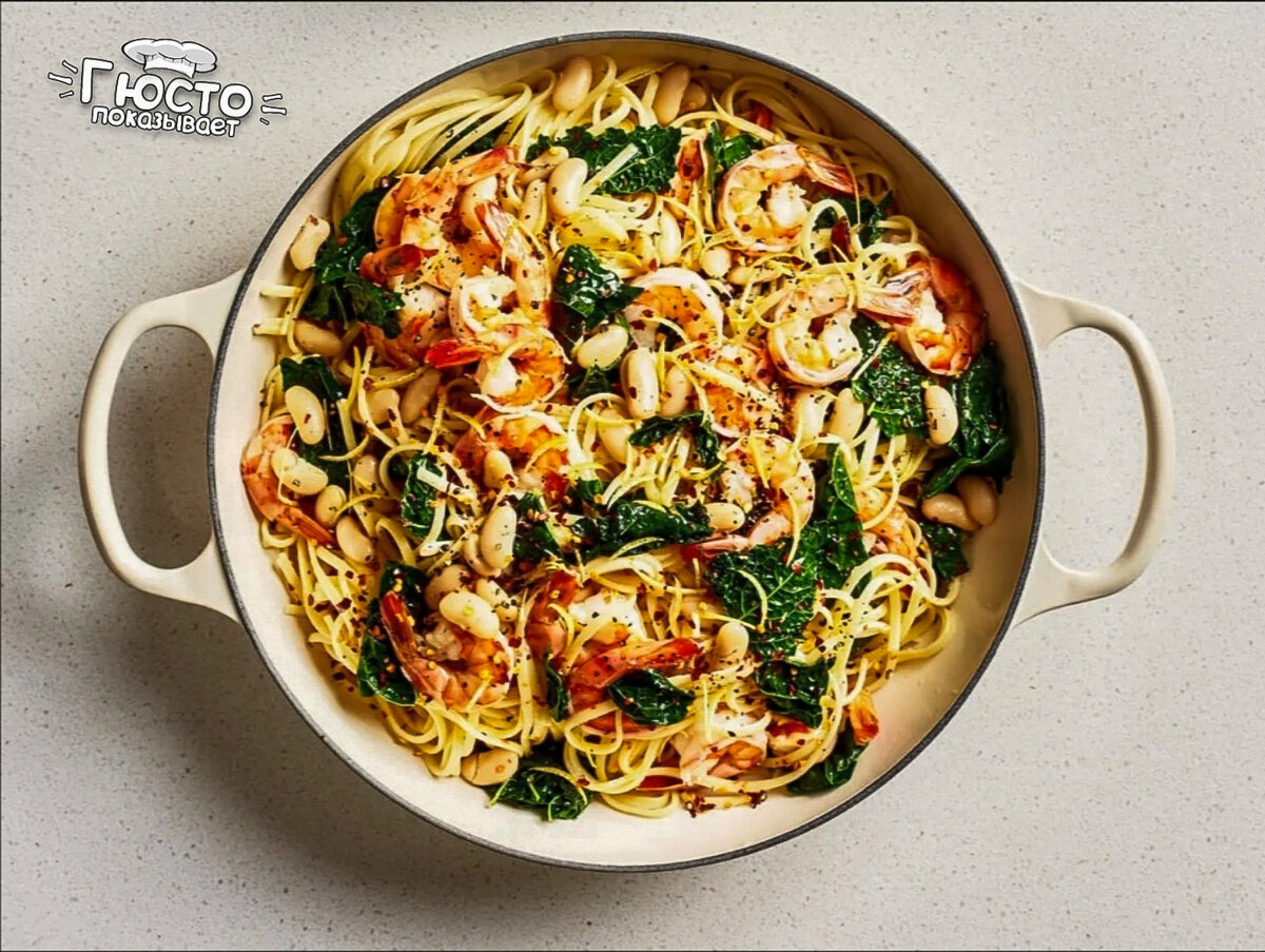 Лимонная паста с креветками.