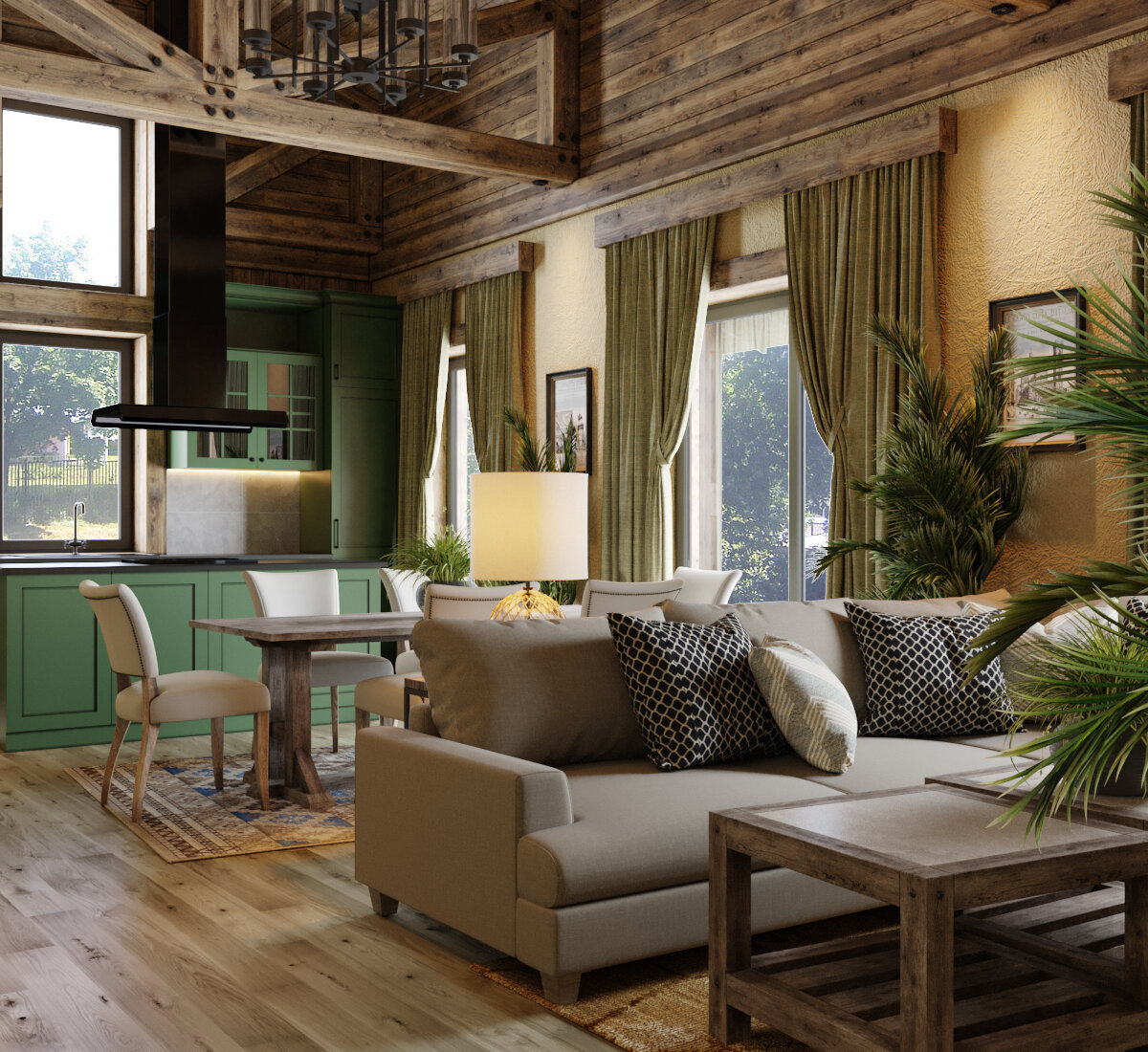 Гостиная вид на кухню со стороны диванной группы