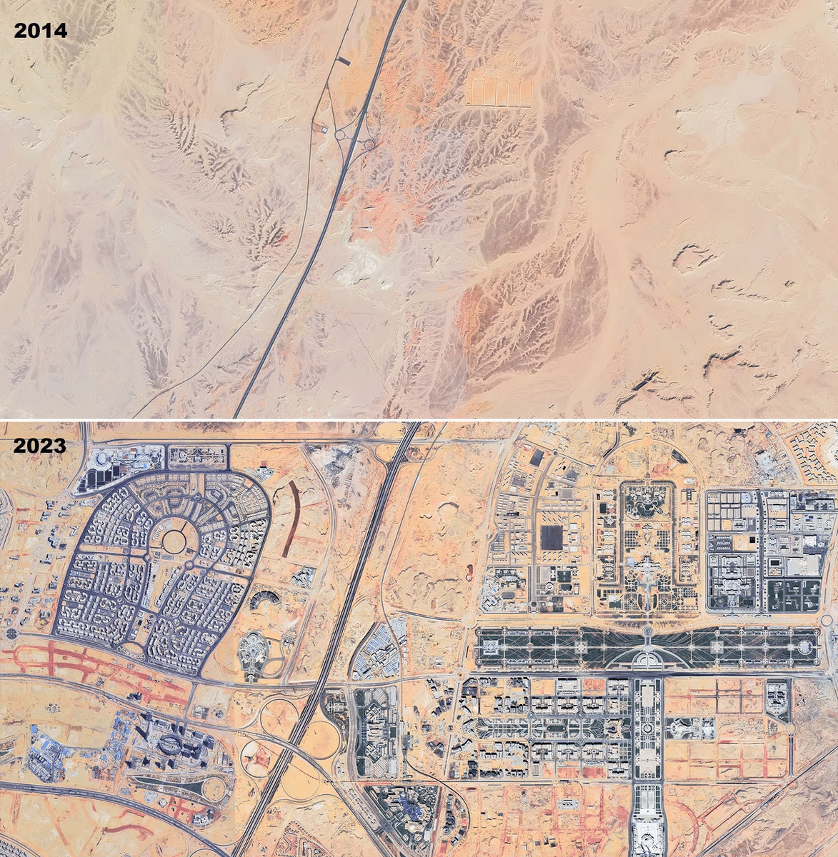    Пара спутниковых изображений Google Earth новой административной столицы в 2014-м и 2022-м / © Google