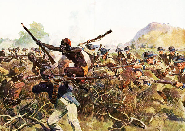 Иллюстрация к книге Карла Беккера. Атака африканских колонистов при поддержке немецкой армии