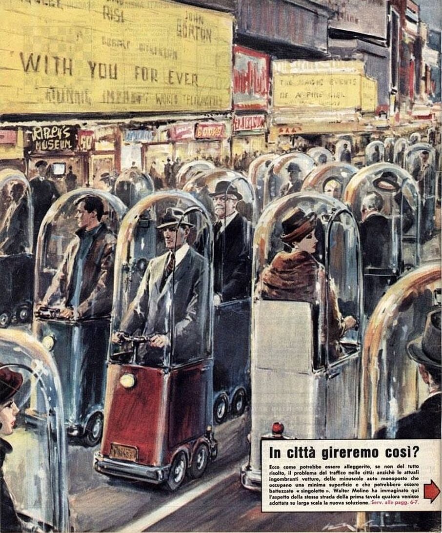 "Is this how we'll be moving around the city?" Domenica del Correre, 1962