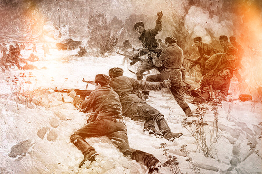 Группа советских пограничников ведет бой за остров Даманский 2 марта 1969 года (художник Н. Н. Семенов, Центральный пограничный музей ФСБ РФ)