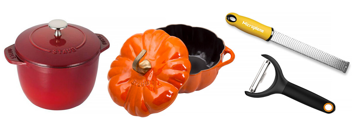 Чугунные кокоты Staub, терка из нержавеющей стали Microplane для сыра и цедры, овощечистка Joseph Joseph.