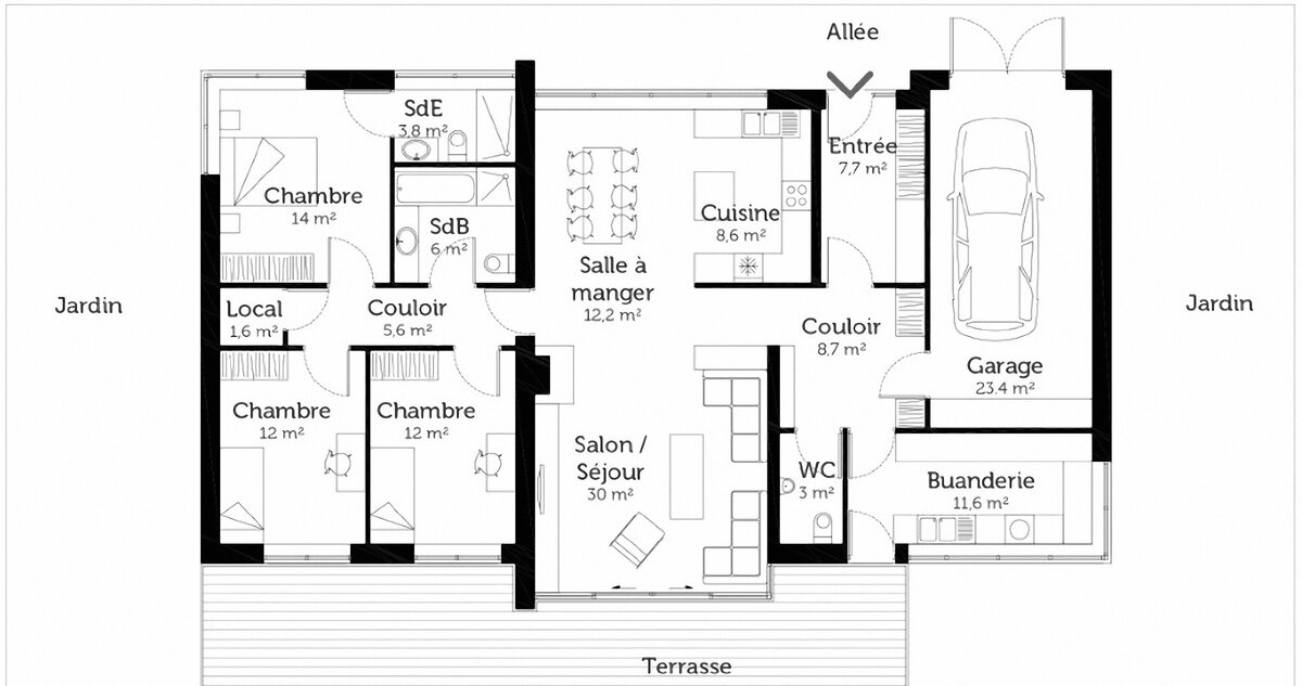 Источник: https://construction-maison.ooreka.fr/plan-maison/voir/566503/plan-de-maison-contemporaine-de-plain-pied-avec-3-chambres
