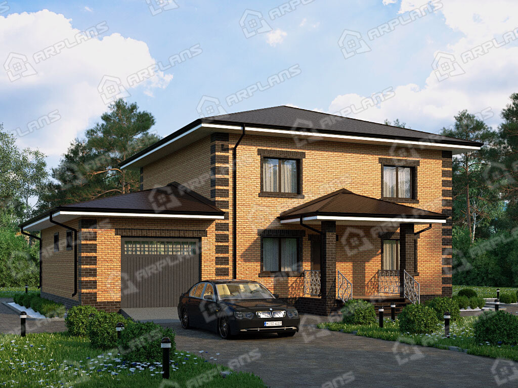 Фото 1 двухэтажного дома из газобетона с 4 спальнями, газовой котельной и гаражом. 200 кв м. Источник arplans.ru Проект К-246