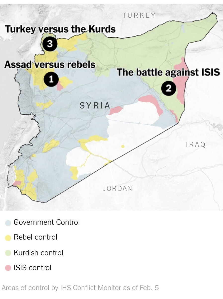 Синий - правительство/ Желтое - повстанцы /Красное - ИГИЛ /Зеленое - курды