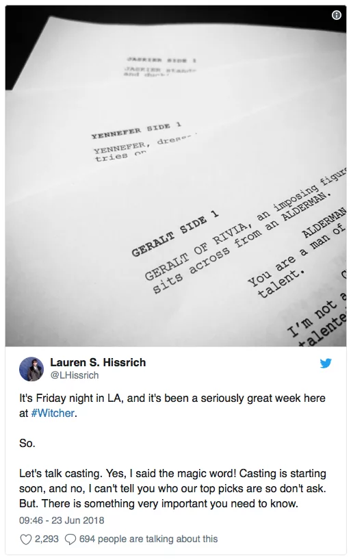 Этой пятничной ночью я в Лос-Анджелесе, и это значит величайшую неделю, посвященную Ведьмаку. Итак, поговорим о кастинге. Да, я сказала волшебное слово! Кастинг скоро начнётся, и нет, я не смогу вам сказать кто в топе нашего списка на выбор. Но! Здесь есть кое что очень важное из того, что вы хотите узнать.
